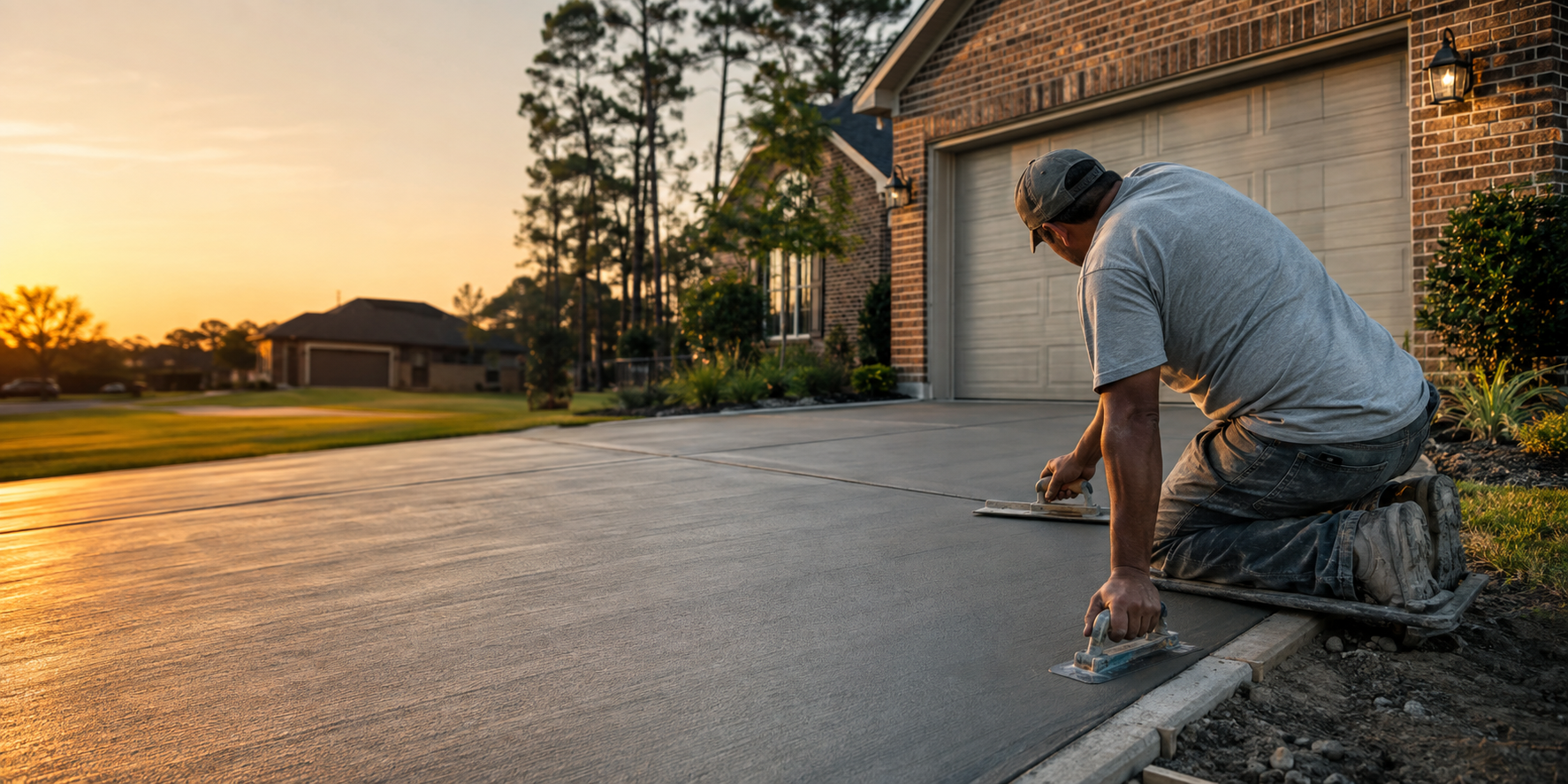 A Hernandez Concrete Solutions crew member hand-finishing a freshly poured concrete driveway at golden hour in front of a brick home